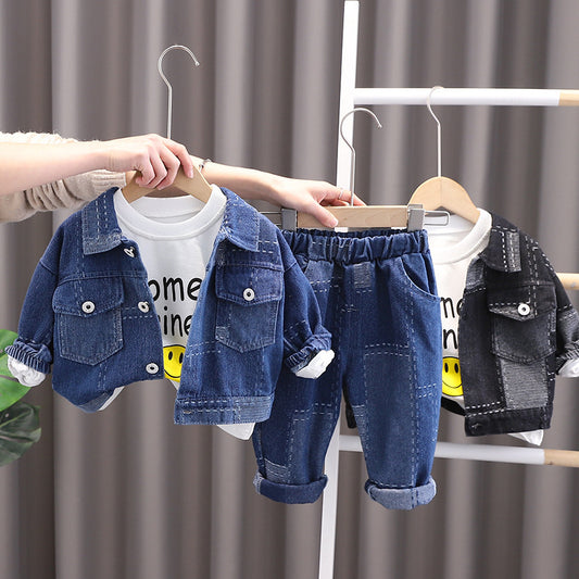 New Fashion Set for Boys Girls, Patchwork Denim Jacket, Spring Autumn Three-Piece Set, Stylish and Trendy Baby Clothing, Dropshipping Available