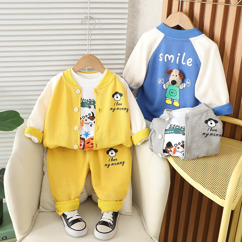 Boys' Outfit 2025 New Children's Cute Apron Puppy Three-Piece Set for 1 to 3 Years Old Baby Spring and Autumn