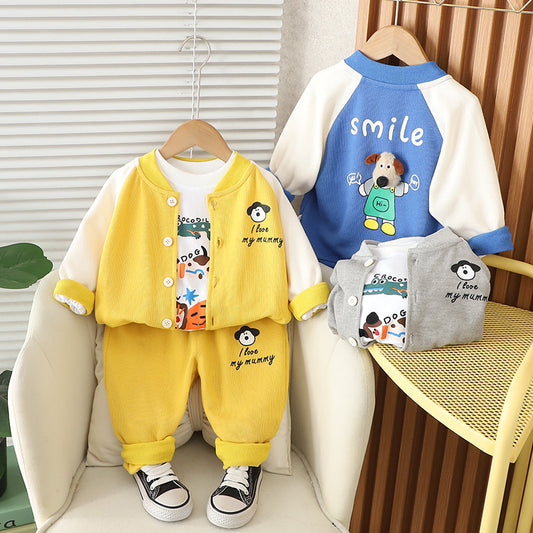 Boys' Outfit 2025 New Children's Cute Apron Puppy Three-Piece Set for 1 to 3 Years Old Baby Spring and Autumn