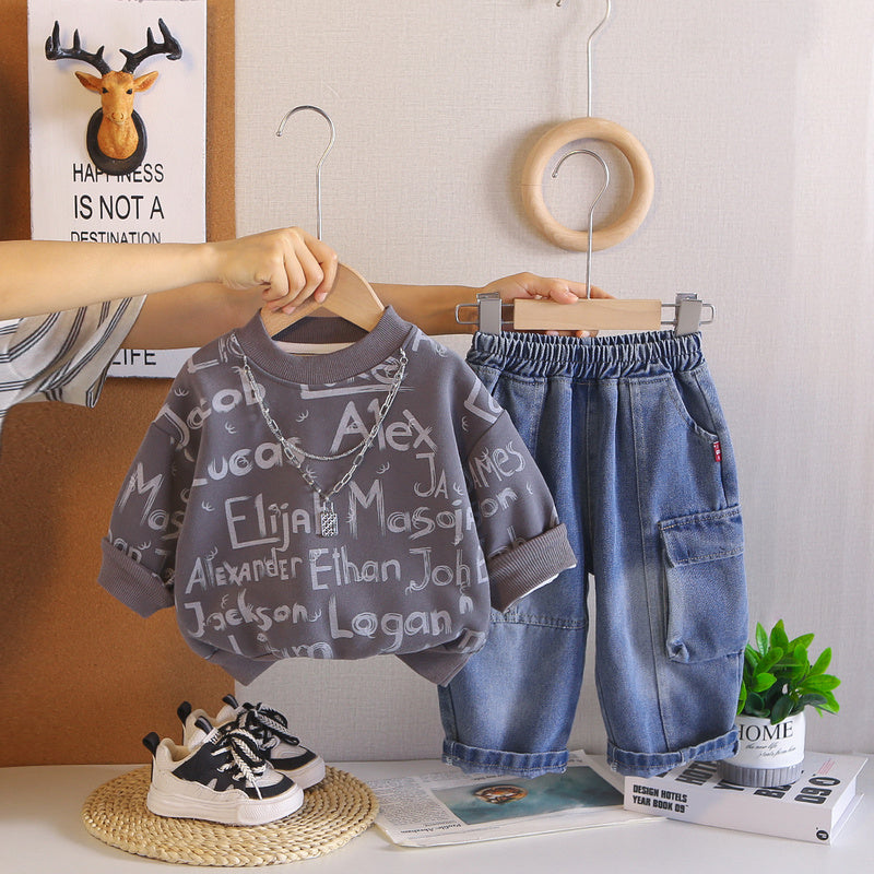 Boys' Outfit 2026 New Fashionable Spring and Clothes Children, Stylish Two-Piece Autumn Sweatshirt Set for Boys