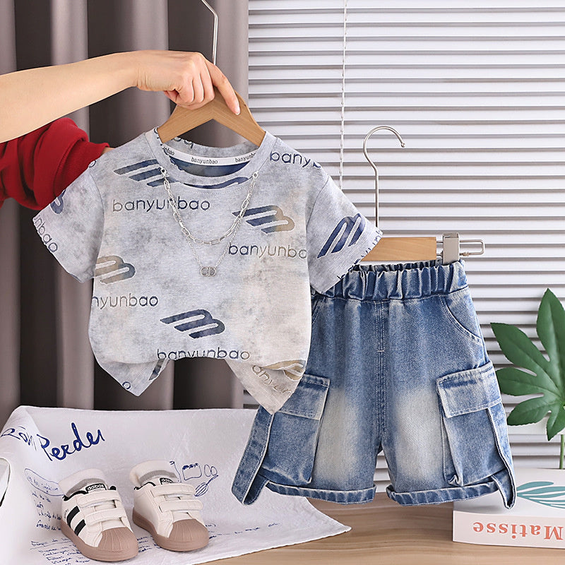 Baby Boy Outfit 2026 New Children's Clothing Boys' Summer Short-Sleeve Letter Print Two-Piece Set Trendy