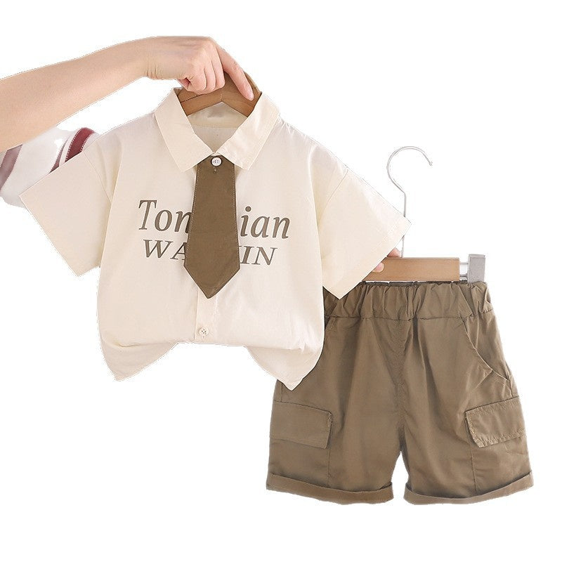 Boys' Outfit Set, Stylish 2026 New Model Children, Baby Summer Suit with Turn-down Collar and Tie, Short Sleeve, for 1-4 Year Olds