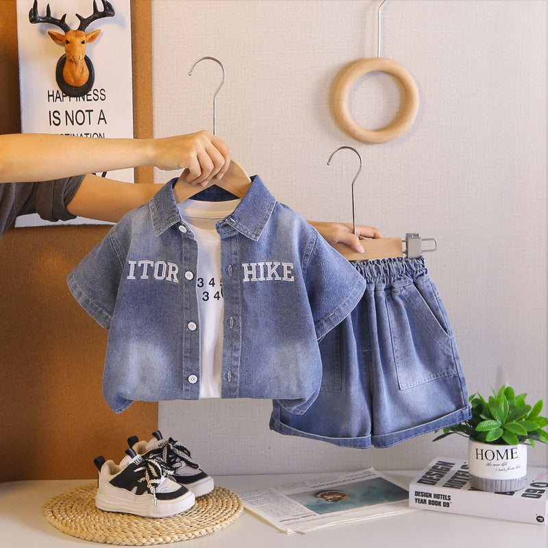 Children's clothing boys' short-sleeve 2026 new stylish summer outfit for 1-3 year old toddlers baby letter denim three-piece set