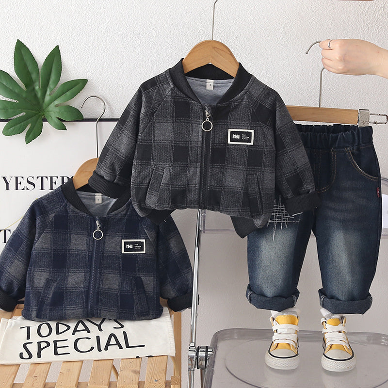 Boys' Outfit 2026 New Style Baby Boy Spring and Autumn Plaid Stand Collar Jacket Two-Piece Set Trendy
