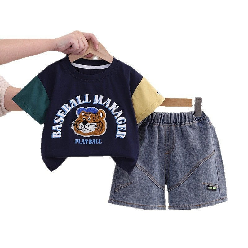 Boys' Outfit 2026 New Children's Cartoon Animal Clothes Baby Summer Thin Color-Block T-Shirt Two-Piece Set