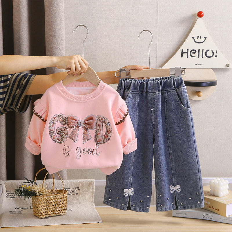 Girls' Autumn Outfit Set 2026 New Fashionable Letter Print Bow Sweatshirt and Pants for Baby Girls 1-2 Years Old
