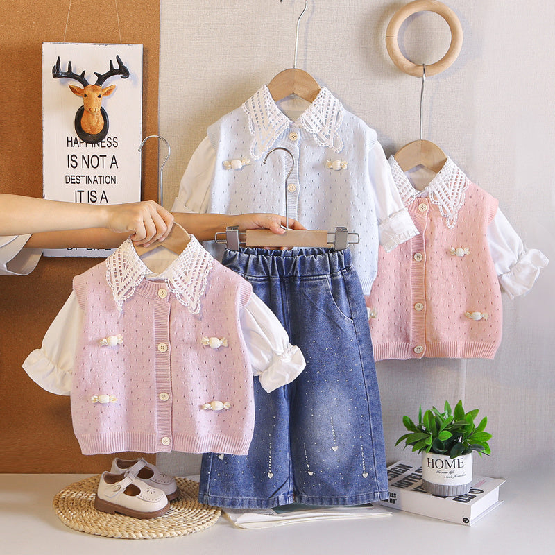 Girls' Spring and Autumn Outfit 2026 New Fashionable Candy-Colored Sweater Three-Piece Set for Children, Trendy Baby Fall Clothes