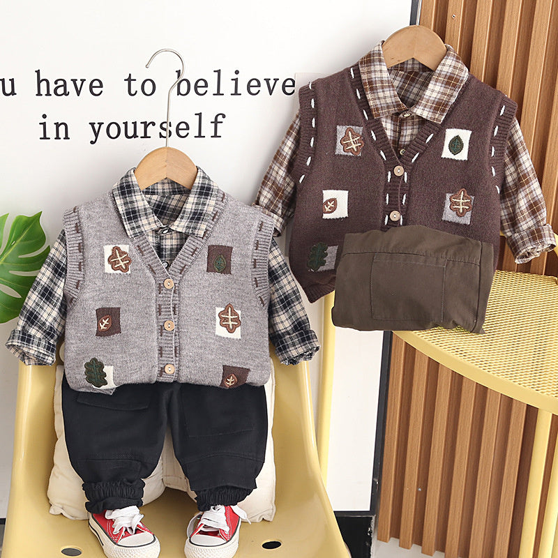 Outfit 2026 New Style Baby Boys' Spring and Autumn Fashionable Korean Version Square Vest Three-Piece Set