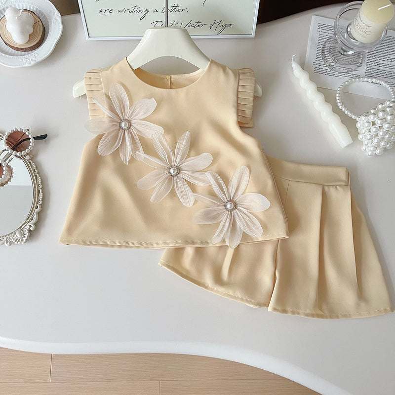 Girls' Outfit 2024 Summer New Korean Style Floral Vest Shirt + Shorts Children's Princess Two-Piece Set
