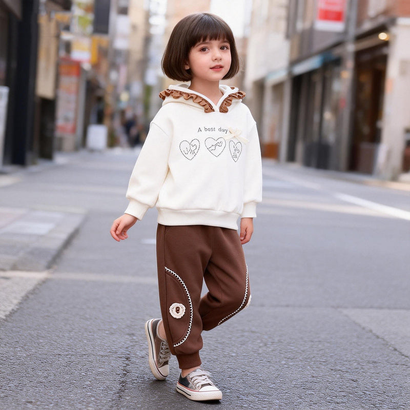 Girls' Outfit 2026 New Fashionable Heart Pattern Hooded Long Sleeve Two-Piece Set Children's Spring and Autumn Clothing