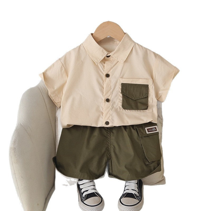Boys' Outfit 2026 New Style, Cool and Stylish Color-Block Pocket Short-Sleeve Clothes, Trendy Baby Summer Two-Piece Set