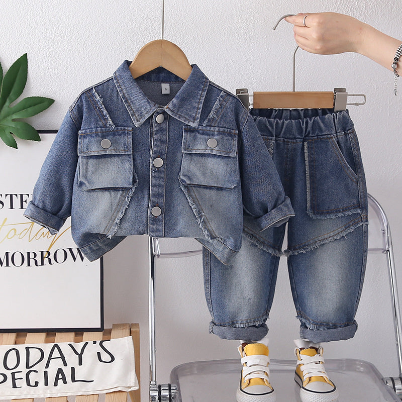 Boys' Suit 2026 New Spring and Autumn Fashionable Children's Stylish Baby Fall Three-Dimensional Frayed Edge Denim Two-Piece Set