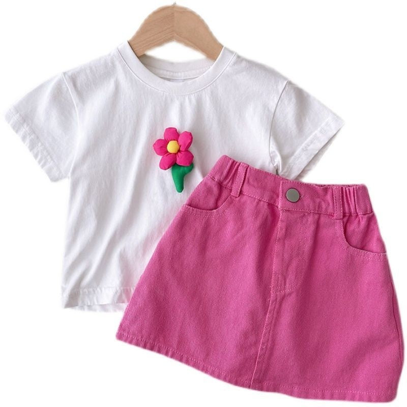 Summer girls' three-dimensional flower white T-shirt and rose red skirt set, stylish baby short-sleeve two-piece outfit for girls