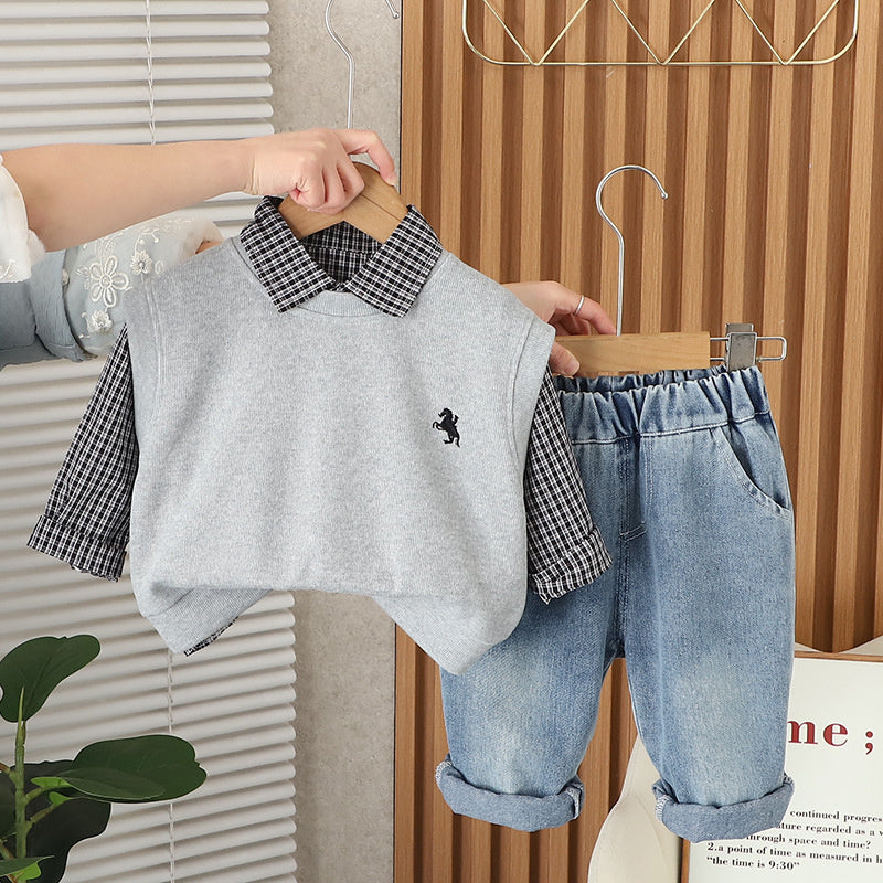 Boys' Suit 2025 New Fashionable Baby Vest Small Plaid Three-Piece Set Spring and Autumn Infant Trendy