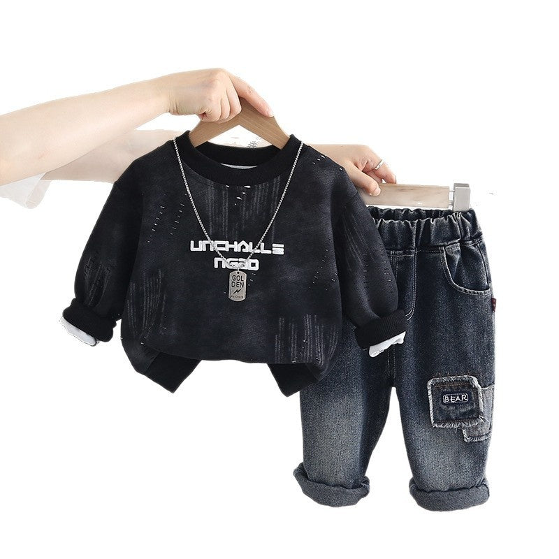 Boys' Spring Outfit Set, Spring-Autumn 2026 New Fashionable Tie-Dye Letter Sweatshirt and Pants, Stylish for Little Boys
