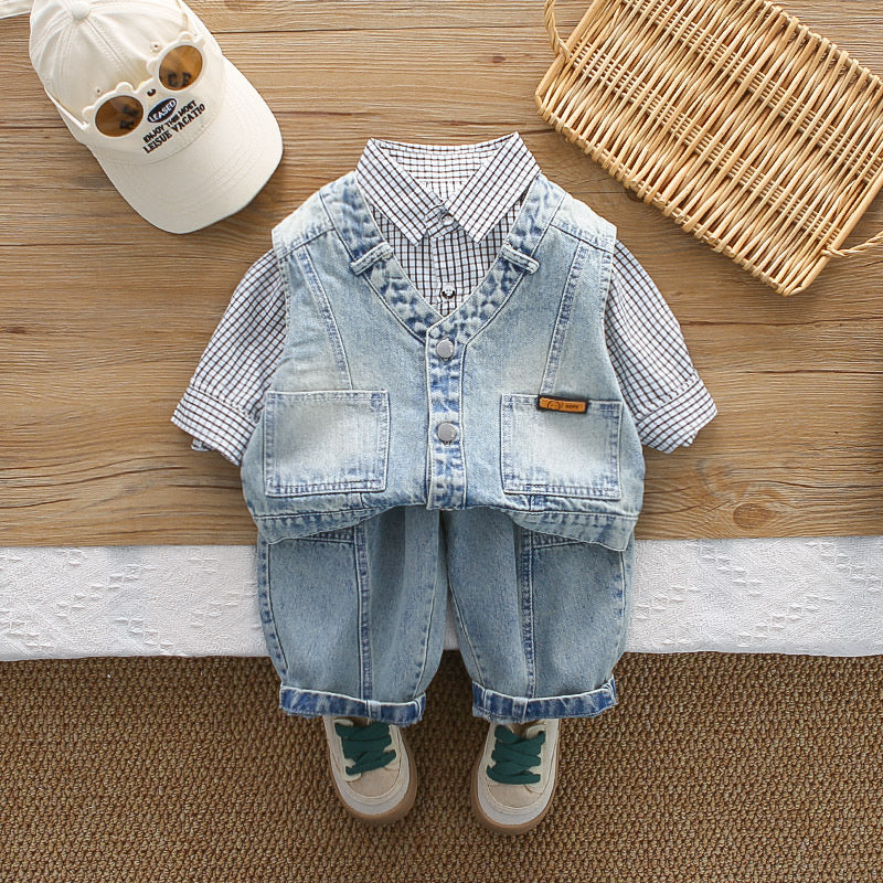 Boys' Outfit 2026 New Set: 4-Plaid Shirt, Denim Vest, Three-Piece Set Spring and Autumn, Stylish for 1-Year-Old Baby
