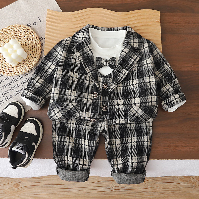 Baby Boy Spring and Autumn Stylish 3-Piece Children's Clothing Set: Infant Plaid Vest Suit for 1-Year-Old Boys