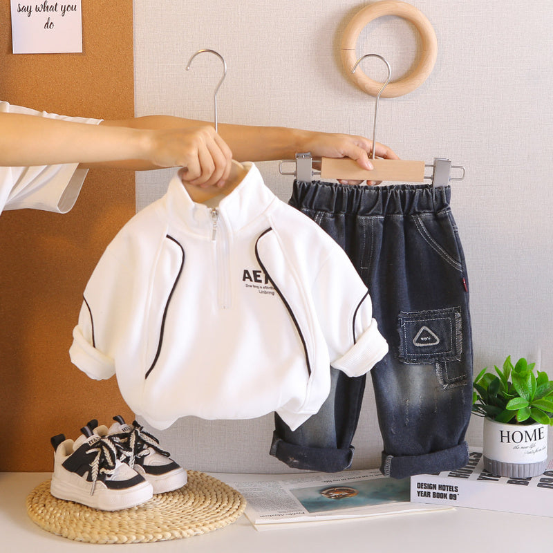 Boys' Outfit 2026 New Fashionable Two-Piece Set Baby Spring and Autumn Casual Half-Zip Sweatshirt Toddler Sportswear