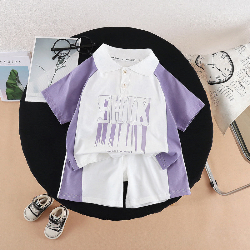 Children's Summer Outfit 2026 New Model for Young Boys, Collared Color-Block Letter Print Short Sleeve Shirt and Shorts Two-Piece Set, Trendy