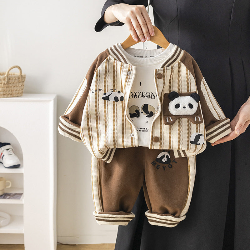 Wuxiaoqi Children's Clothing 2025 Spring and Autumn New Style 0-4 Years Old Boys Vertical Striped Panda Baseball Uniform Long T-shirt Pants Set