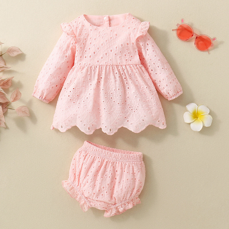 Cross-border infant cotton dyed pink and white long-sleeved dress + shorts two-piece set AL064 #