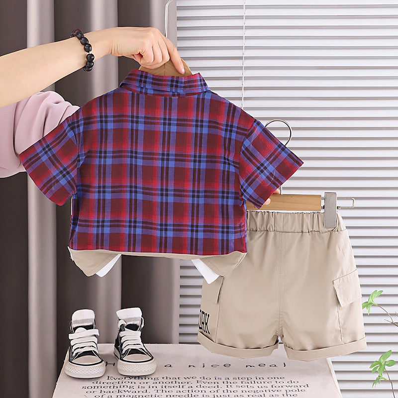 Boys' Summer Outfit 2026 New Fashionable Baby Short-Sleeve Plaid Shirt and Shorts Three-Piece Set Infant Children's Clothing