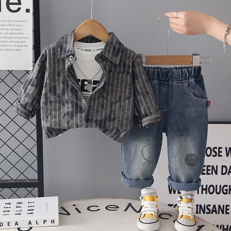 Boys' Outfit 2026 New Stylish Children's Clothing Three-Piece Set Baby Spring and Autumn Striped Shirt Jacket