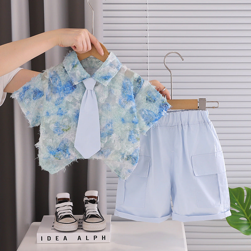 Boys' Summer Outfit 2026 New Style for Young Children, Fresh Floral Pattern, Stylish Short-Sleeve Shirt and Tie Two-Piece Set