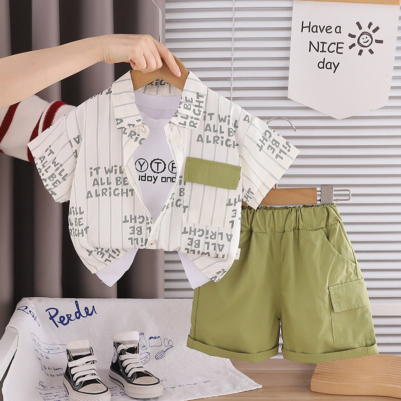 Boys' Outfit: Vertical Stripe Letter Print Short Sleeve Set, New Baby Summer Clothes, Lightweight Children's Shirt Three-Piece Trendy Set