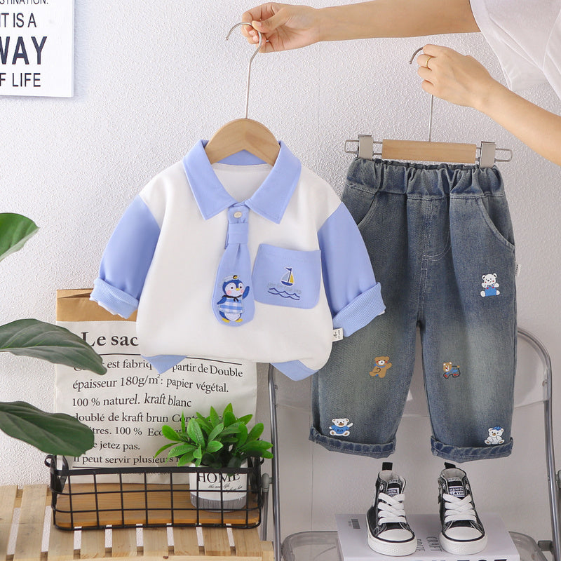 Boys' Autumn Outfit: Two-piece with Collared Tie Sweatshirt, 2026 New Fashionable Casual POLO Shirt Clothing Set for Children