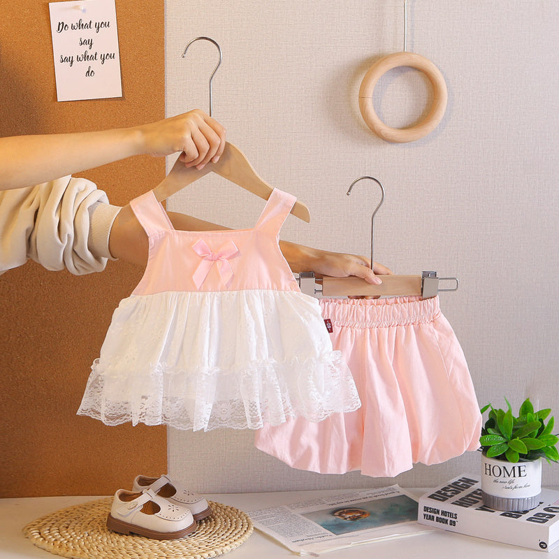 Girls' Sleeveless Square Neck Lace Dress Set 2026 New Style Baby Girl Clothes Children's Summer Two-Piece Outfit