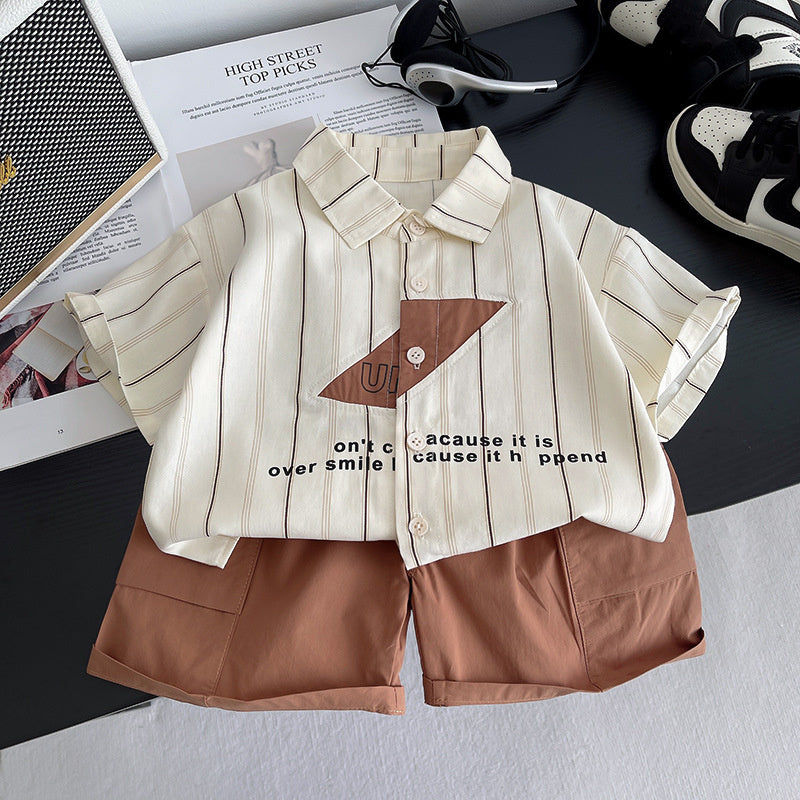 Boys' Outfit 2026 New Model 1-3 Year Olds, Summer Style for Toddlers, English Striped Short Sleeve Shirt Two-Piece Set