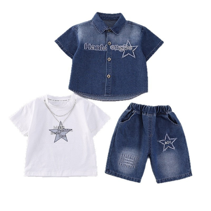 Boys' Summer Outfit 2026 New Fashionable Children's Star Denim Short Sleeve Shorts Three-Piece Set Baby Casual Trendy