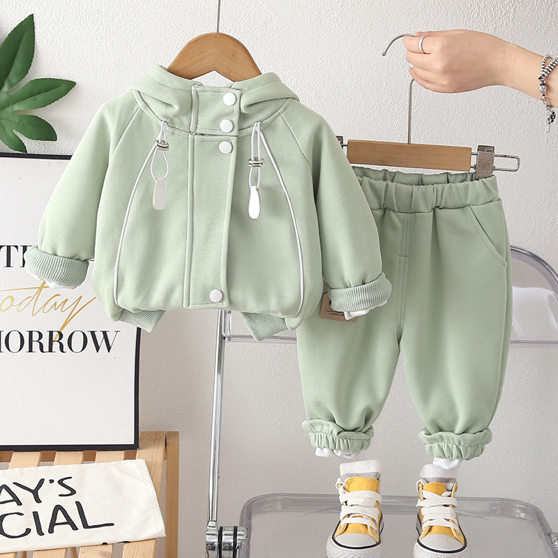 2026 Spring Autumn New Boys and Girls Striped Zipper Hooded Sports Solid Color Children's Clothing Three-Piece Set
