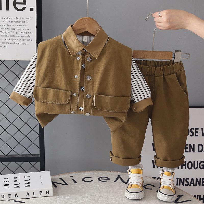 Boys' Outfit 2026 New Fashionable Children's Washed Cotton Three-Piece Set Baby Spring and Autumn Casual Trend
