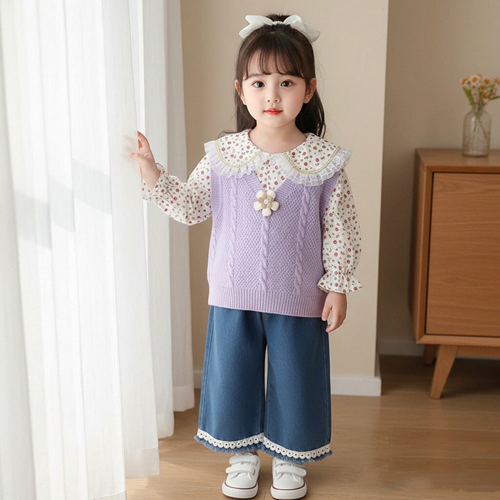 Girls' Floral Sweater Set for and Autumn 2026 New Fashionable Korean Style Baby Girl Spring Outfit