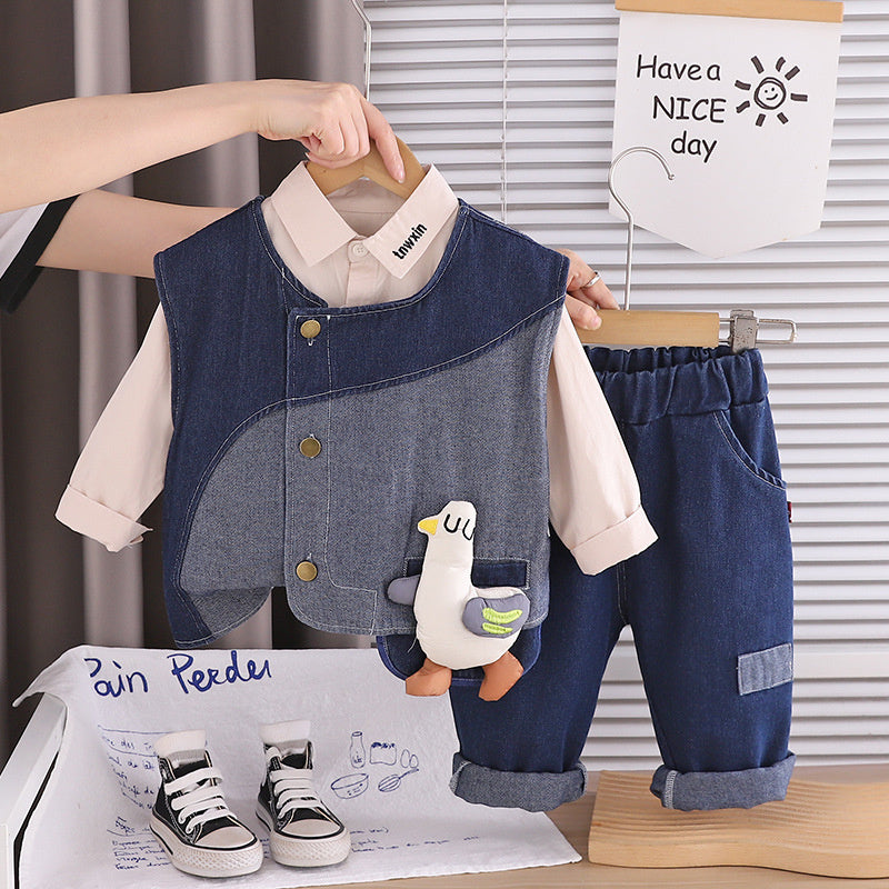 Children's Outfit 2026 New Spring and Autumn Little Duck Denim Vest Three-Piece Set 0-5 Year Olds, Trendy for Young Children