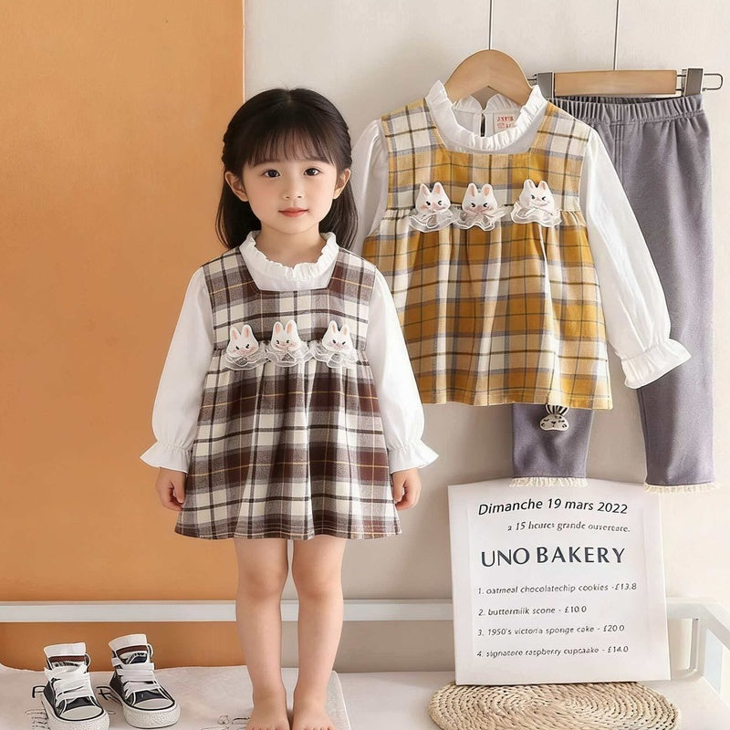 Girls' Spring Outfit 2026 New Fashionable Children's Plaid Rabbit Head Vest Three-Piece Set for 1-3 Year Old Babies