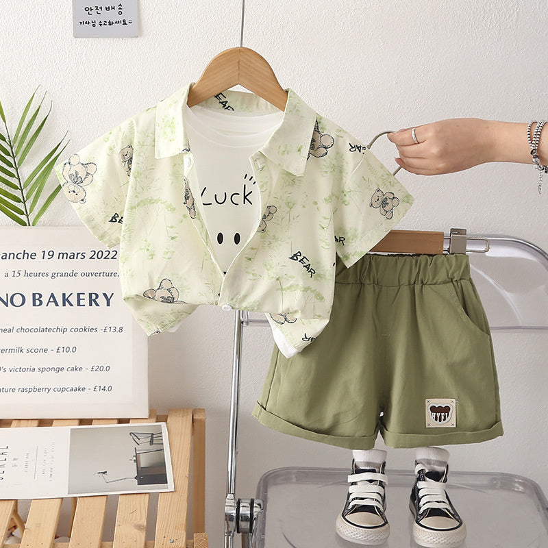 Boys' Outfit 2026 New Short-Sleeve Baby Boy Toddler Clothes Summer Bear Shirt Three-Piece Set Trendy