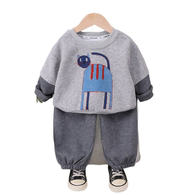 Boys' Fashionable Cartoon Kitten Patchwork Sleeve Sweatshirt Two-Piece Set Baby Autumn Stylish Infant Children's Clothing