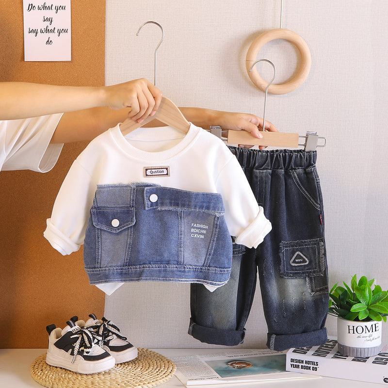 New Spring Autumn Outfit Boys: Korean-style Denim Patchwork Sweatshirt and Casual Stylish Jeans Two-piece Set for Kids