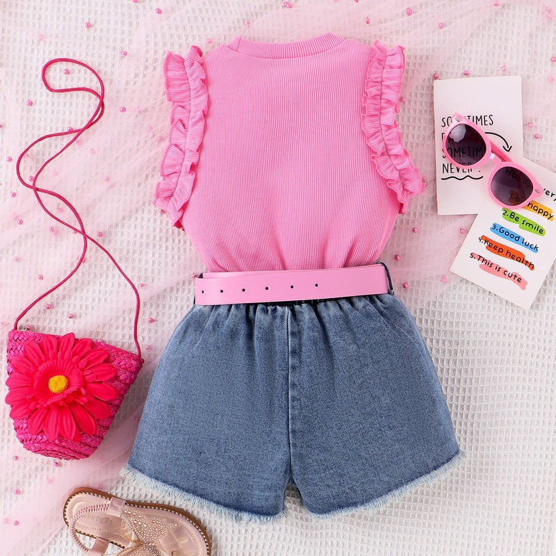 Amazon cross-border ribbed sleeveless ruffled tank top + washed fringed denim shorts girls' set 24 summer style