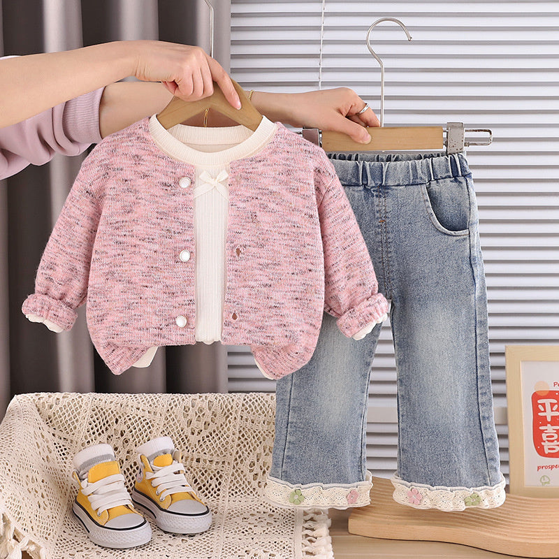 Girls' Stylish Outfit 2026 New Baby Spring and Autumn Colorful Yarn Sweater Long Sleeve Three-Piece Set Children's Casual Trendy Clothing