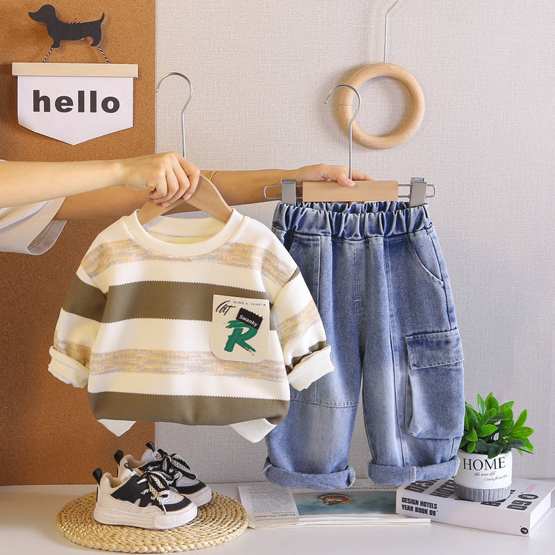 Baby boy striped pocket set, toddler casual round-neck long-sleeve stylish autumn outfit, children's two-piece trendy and cool set