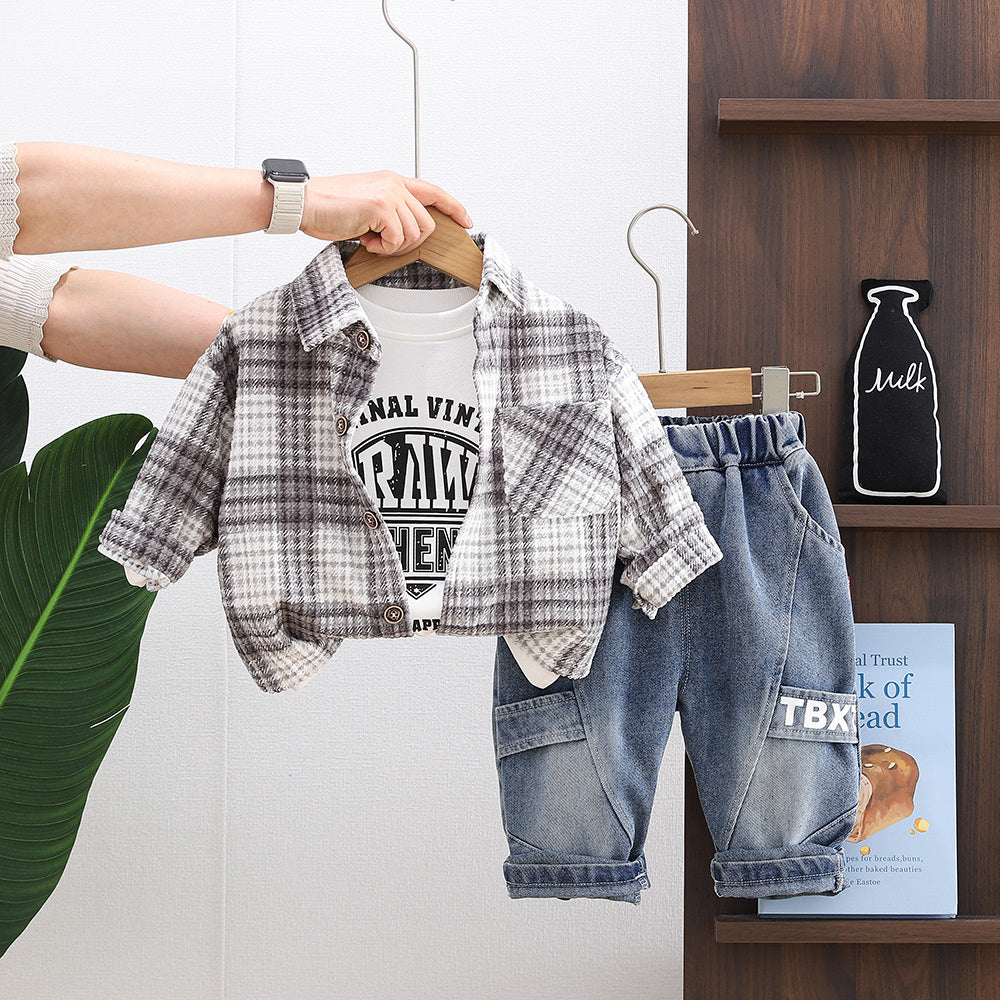 Boys' Spring Plaid Shirt Three-Piece Set for 1-2-3-5 Year Olds, Korean Style Fashionable Baby Clothing