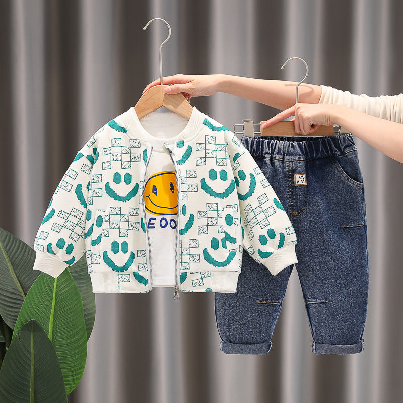 Boys' Suit Spring 2024 New Children's Clothing Autumn Baby Long Sleeve Three-Piece Set Stylish Korean Version Clothes Dropshipping