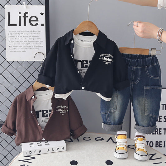 Baby boy outfit, boys' suit for ages 1-3, stylish toddler clothing, spring and autumn letter color block three-piece set