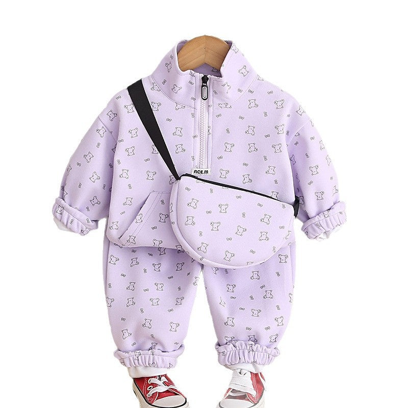 Korean-style boys' outfit casual baby spring bear bag sweatshirt two-piece set, infant and toddler clothing