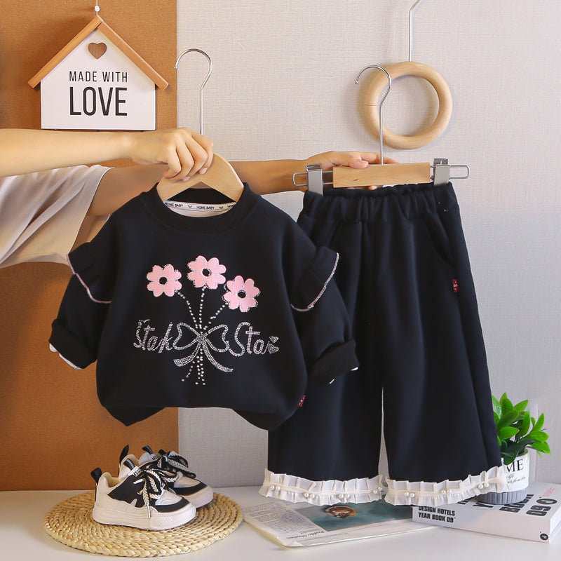 Girls' Autumn Outfit 2026 New Stylish and Fashionable Baby Girl Rhinestone Flower Sweatshirt Two-Piece Set Wholesale