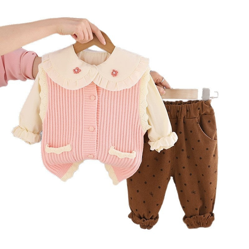 Girls' Spring Outfit for 1-2-3 Year Old Baby Girls, Stylish Fashionable Clothes, Children's Wear, Rabbit Ear Sweater Three-Piece Set